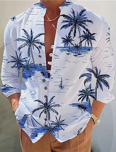  Herren Kokosnussbaum Tropische Pflanzen Hemd Hawaiihemd Sommerhemd Aloha-Shirt Langarm Hemd Ständer Modisch Designer Brautkleider schlicht Outdoor Urlaub Strasse Gelb Blau Orange S M L