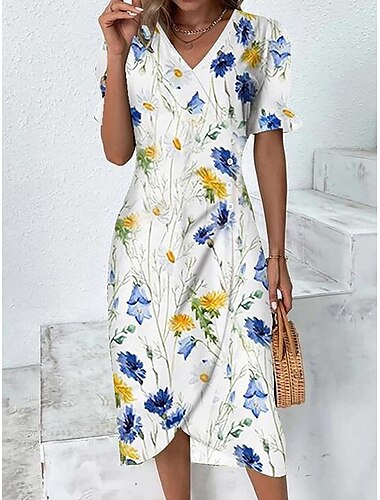  Damen Midi Kleid Sheath Kleid Wickelkleid Blumenmuster Asymmetrisch V-Ausschnitt Alltag Date Kurzarm Sommer Frühling