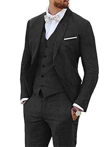  lyseblå sort hvid til mænds bryllup linned jakkesæt 3 dele ensfarvet skræddersyet pasform enkeltradet to-knapper 2024