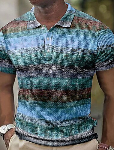  Herren Karomuster Waffel-Poloshirts Golfshirt Kurzarm Polo-Shirts Hemden mit Kragen Vintage Lässig Urlaubskleidung Formelle Kleidung Festivalkleidung Knöpfe 3D-Druck Gelb Blau Purpur
