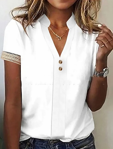  Damen Hemd Spitzenhemd Bluse Weißes Spitzenhemd Glatt Casual Taste Weiß Kurzarm Elegant Modisch Basic Stehkragen