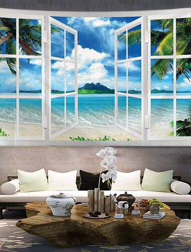  Ventana paisaje colgante tapiz pared arte gran tapiz mural decoración fotografía telón de fondo manta cortina hogar dormitorio sala de estar Decoración