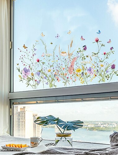  Adesivo per finestra con fiore di primavera, farfalla, rimovibile, decorazione per la casa, vetrina in vetro, superficie della vasca da bagno, adesivo elettrostatico