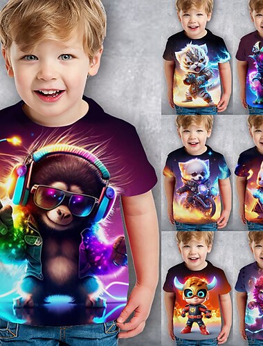  Pojkar 3D Tecknat Dinosaurie T-shirt Kortärmad 3D-tryck Sommar Vår Aktiv Sport Mode Barn 3-12 år Utomhus Ledigt Dagligen Normal