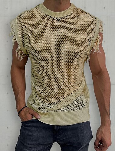  Herren Tank Top Weste Unterhemd Ärmelloses Shirt Ärmellos Rundhalsausschnitt Sommer Einfach Mode Designer Muskel Netz Gestrickt Outdoor Ausgehen Fitnessstudio Weiß Khaki Armeegrün Top T-Shirt für