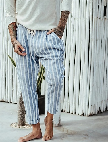  Homme Pantalon pantalon été Pantalon de plage Poche Cordon Taille elastique marinière Confort Respirable Casual du quotidien Vacances Mode Style classique bleu marine Bleu