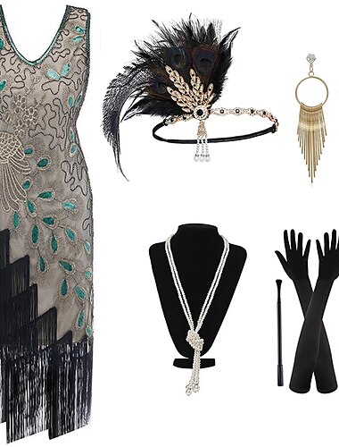  Retro Vintage Loucos anos 20 Anos 20 Vestido melindroso Vestidos Roupa O Grande Gatsby Convidado do casamento Paetês Franjas Mulheres Festa / Noite Mascarilha Recepção de Casamento Adulto Vestido