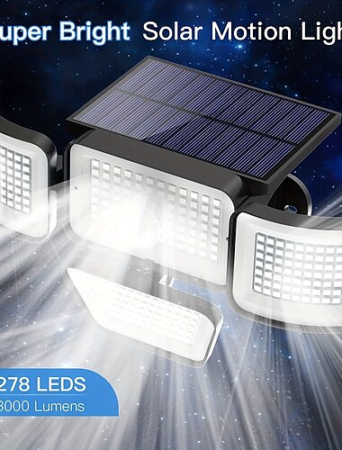  luci di inondazione solari luci esterne 278led 3000lm luci con sensore di movimento luci alimentate a energia solare luci di inondazione di sicurezza a 4 teste ip65 impermeabili 300 luci da parete grandangolari con 3 modalità per giardino cortile vialetto