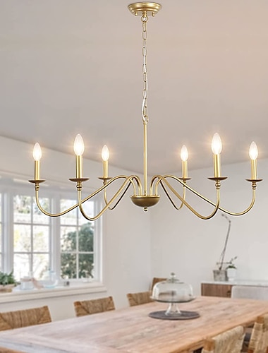  gouden kroonluchter 6-light moderne messing boerderij kroonluchter smeedijzeren klassieke kaars plafond hanglamp armatuur voor eetkamer woonkamer keuken eiland binnenkomst trappenhuis, dia 35"