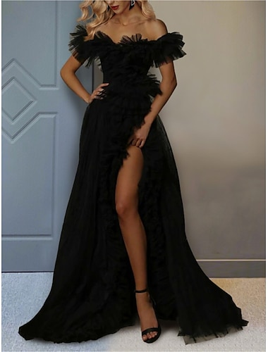  Robes de bal en A robe plissée à volants fête de mariage traîne balayante  brosse manches courtes épaule dénudée tulle avec fente froncée robe de masque 2025