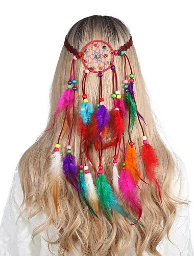  Feder-Haarband im Boho-Stil, Pfauenfeder-Kopfband, indische handgewebte Feder-Kopfbedeckung, Haar-Accessoires