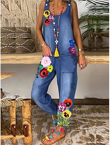  Denim Jumpsuit for Women Overall Pocket Print Floral U Neck Active Vacation Weekend Cargo Pants Loose Fit Sleeveless Sleeveless Dark Gray Light Blue S M L Summer Fall Cowgirl Jeans & Western Wear