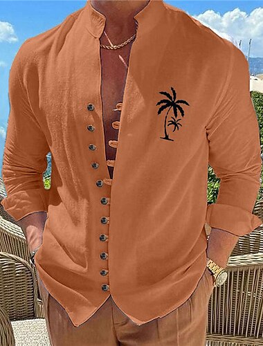  Voor heren Overhemd Linnen overhemd Strand hemd Kokosnootboom Casual Dagelijks blauw Wit Oranje Khaki Lange mouw Opstaand Zomer Lente Kleding Afdrukken