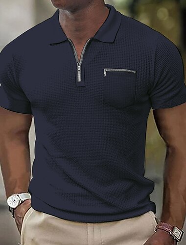  رجالي قمصان بولو الوافل محكم فضفاض مناسب للعطلات Lapel ربع الرمز البريدي كم قصير موضة أساسي سهل ربع الرمز البريدي الصيف عادي أزرق أسود أبيض البيج رمادي قمصان بولو الوافل