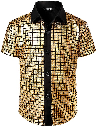  heren 70s disco shirts metallic pailletten korte mouw button down shirts retro vintage jaren 70 kostuum prestaties party stage halloween