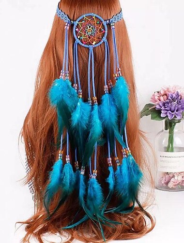  Böhmisches Traumfänger-Feder-Stirnband, Zigeuner-Kopfschmuck, Federquaste, elastisches Band, Perlen-Haarband, Hippie-Kostümzubehör für Frauen und Mädchen