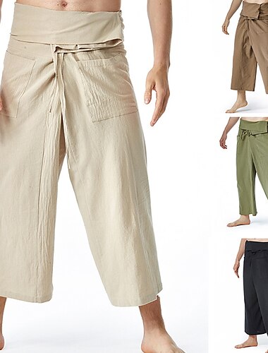  Voor heren Broek Zomerbroek Wijde broek Strandbroeken Zak Trekkoord Effen Kleur Ademend Zacht Volledige lengte Yoga Casual Volksstijl Ruimvallend Zwart Leger Groen Inelastisch