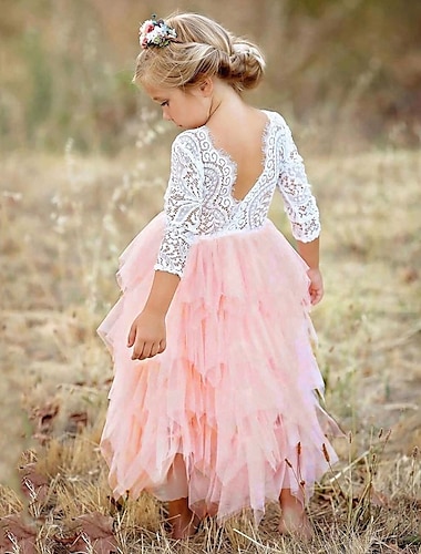  lasten pikkutyttöjen vaaleanpunainen juhla prinsessa kukka pitsi kampasimpukka tylli selkä selkätön tutu yläreunat porrastettu tyttö mekko