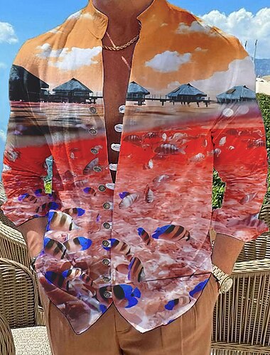  Herren Grafik-Drucke Fische Strand Hemd Langarm Hemd Ständer Outdoor Urlaub Rote Blau Purpur Grün Bedruckt Bekleidung Modisch Designer Brautkleider schlicht Komfortabel