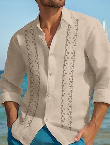  رجالي قميص كتان قميص Guayabera قميص صيفي قميص غير رسمي قميص الشاطئ مخطط عطلة ستايل هاواي أبيض أزرق كاكي رمادي كم طويل Lapel للربيع والصيف ملابس طباعة