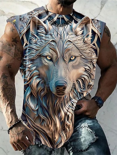  Ανδρικά Τοπ γιλέκου Αμάνικο μπλουζάκι για άντρες Γραφική Ζώο Λύκος Στρογγυλή Ψηλή Λαιμόκοψη Ρούχα 3D εκτύπωση Καθημερινά Αθλητικά Αμάνικο Στάμπα Μοντέρνα Υψηλής Ποιότητας Μυς