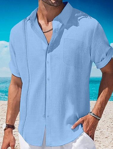  Herre Skjorte linskjorte Guayabera skjorte Sommerskjorte Strand Klær Skjorte med knapper عادي Feriereise Curise Svart Hvit Navyblå Aprikos Kortermet Knaphul Sommer Klær Lomme foran