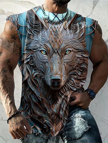  Herren Graphic Tier Wolf Shirt Ärmelloses T-Shirt für Männer Ärmellos Gurte T-Shirt 3D-Druck Rundhalsausschnitt Hemd Modisch Designer Muskel Täglich Sport Fitnessstudio Weiß Blau Braun Frühling Sommer