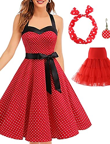  Retro Antiguo 1950s Rockabilly Enagua Vestido de una línea Tutu A Lunares Mujer Fiesta / Noche Mascarada Despedida de Soltera Adulto Vestido Pendientes Para la Cabeza Primavera verano