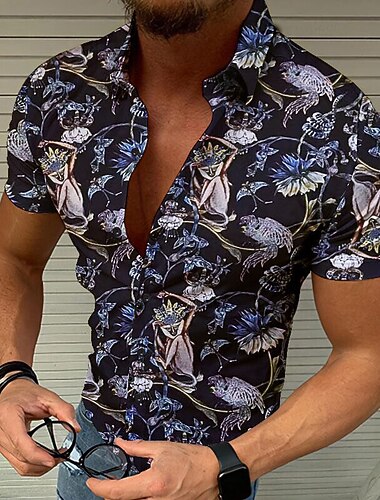  Miesten Flamingo Trooppinen Paita Havaiji paita Havaijilaispaita Lyhythihainen Paita Sänkyjen avaus Liioiteltu Suunnittelija Vapaa-aika ulko- Kausaliteetti Päivittäin Laivaston sininen Sininen Tumman