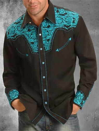  Hombre Floral Cowboy Camisa camisa occidental Camisa vaquera Manga Larga Moda Design Casual Exterior Festivos Primavera & Otoño Cuello Vuelto Estampado Abotonar Negro Blanco Rojo Azul Piscina