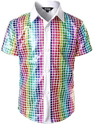  70er-Jahre-Disco-Hemden für Herren mit Metallic-Pailletten, kurzärmliges Button-Down-Hemd, Retro-Vintage-Kostüm der 1970er Jahre, Performance, Party, Bühne, Halloween Schlager Outfit