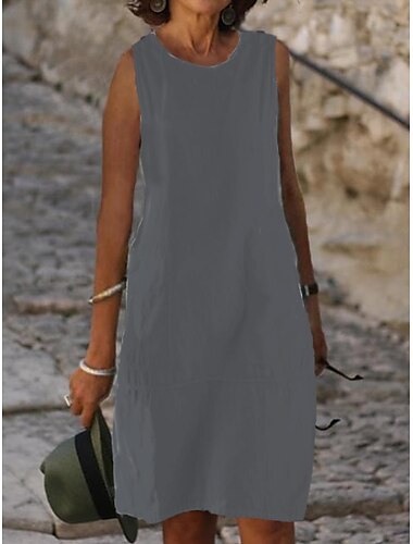  Damen Hellblau Schwarz Weiß Sommer Frühling Midikleid Weißes Kleid Baumwoll-Leinen-Kleider Sommerkleid Klassisch Lässig Urlaub Täglich Lässiger Schnitt Einfach U-Ausschnitt