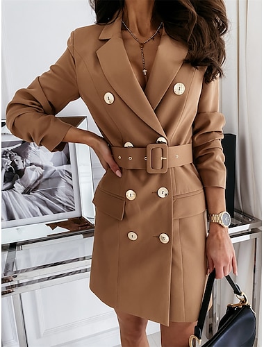  Women's Blazer Dress Double Breasted Lapel Blazer with Belt Fall Formal Party Casual Jacket Thermal Warm Windproof Stylish Contemporary Modern Jacket Long Sleeve with Pockets Black Red