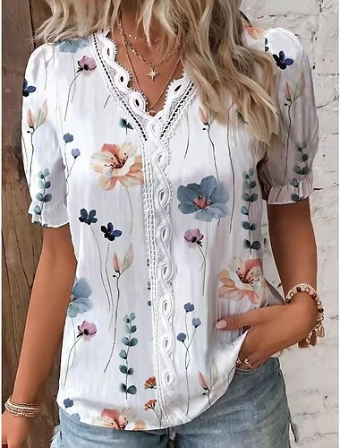  Damen Hemd Bluse Blumen Kontrastspitze Patchwork Weiß Kurzarm Stilvoll Boho V Ausschnitt Sommer