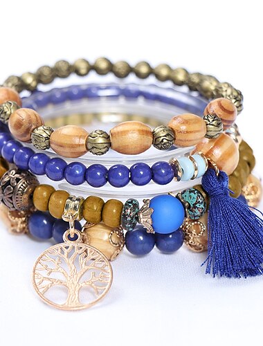  Baum&amp; Quasten-Charm-Perlenarmband handgemachter böhmischer Stil mehrschichtiges Holzperlen-Perlenarmband elastisches Armband Handschmuck