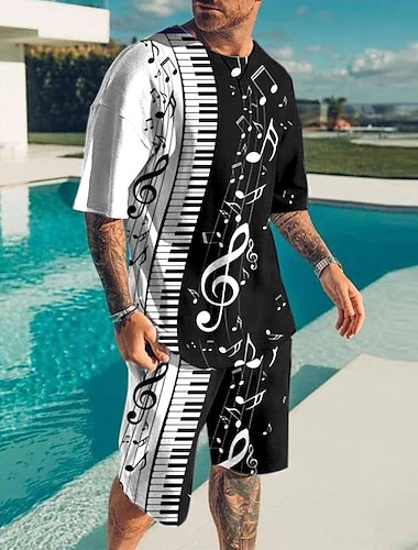  ミュージック マイ エスケープ メンズ グラフィック シャツ ト音記号 黒と白 3D ビーチ用 |夏の綿のショーツセット衣装音符クルーネック衣類アパレル