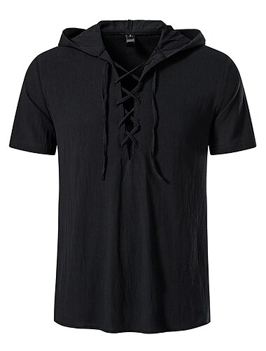  Camiseta vikinga medieval de algodón de manga corta con capucha, estilo retro para hombre, con cordones, hippie, disfraz de larp a juego