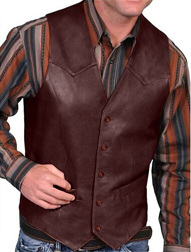  Herren Lederweste Freizeitskleidung Urlaub Ausgehen Vintage Modisch Frühling & Herbst Taste Kunstleder Komfortabel Glatt Einreihiger Verschluss V Ausschnitt Regular Fit Rot Braun Weste