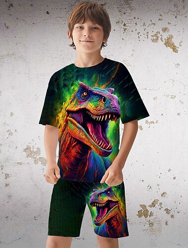  男の子 3D グラフィック 恐竜 ドラゴン Tシャツ＆ショーツ Tシャツセット アンサンブル 半袖 3Dプリント 夏 春 活発的 スポーツ ファッション ポリエステル 子供 3〜13歳 アウトドア ストリート バケーション レギュラー