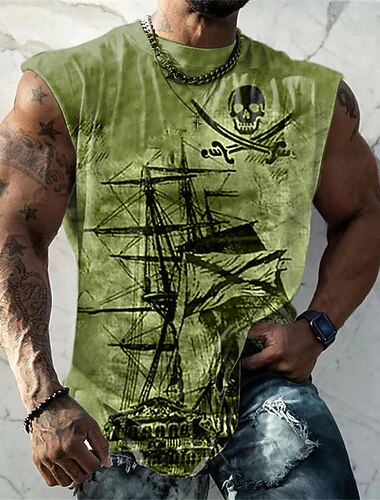  Per uomo Grafico Nave Nautico Costumi da pirata Maglietta smanicata Maglietta senza maniche per uomo Senza Maniche Manica a Cappuccio maglietta Stampa 3D Girocollo Camicia Moda Designer Muscolo