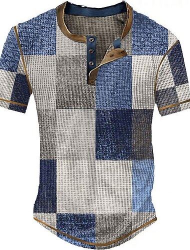  Męskie Graficzny Kratka Koszula Henley z waflami Krótki rękaw Druk 3D Moda Designerskie Podstawowy Na zewnątrz Codzienny Lato Niebieski Błękit nieba Czerwony Brązowy Zielony Henley Koszulka Henley