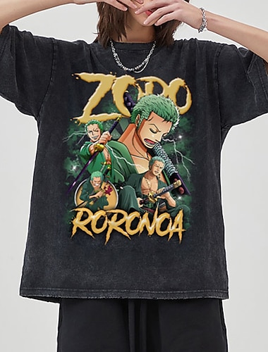  One Piece Roronoa Zoro T-Shirt Oversized zuur gewassen T-shirt Afdrukken Retro-wijnoogst Punk & Gothic Voor Voor Stel Voor heren Dames Volwassenen Heet stempelen Casual / Dagelijks