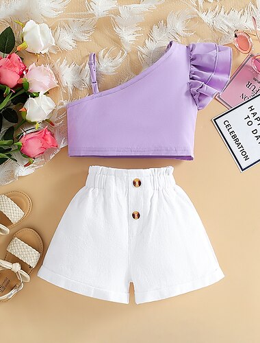  2 Stück kinderkleidung Mädchen Kindertag Feste Farbe Halfter Tank Top & Shorts Set einstellen Ärmellos Modisch Outdoor Baumwolle 3-7 Jahre Sommer Rote Purpur