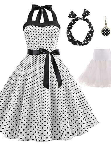  Retro Vintage 1950er Rockabilly Reifrock Krinoline A-Linie Kleid Tutu Tupfen Damen Party / Abend Maskerade Junggesellinnenabschiedsparty Erwachsene Kleid Ohrringe Kopfbedeckung Frühling & Sommer