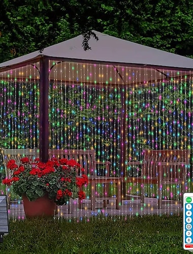  3 * 3m 300 المصابيح الشمسية ضوء الستار في الهواء الطلق التحكم عن بعد ضوء 8 أوضاع الإضاءة أضواء الجنية IP65 للماء أضواء خيط جلدي عيد الميلاد حفل زفاف المنزل غرفة نوم حديقة جدار ديكور