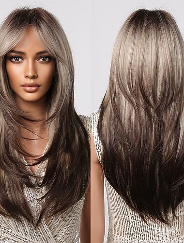  perucas ombre loiras marrons para mulheres negras perucas retas em camadas longas com franja de ar perucas sintéticas cabelo natural para uso diário em festas perucas barbiecore
