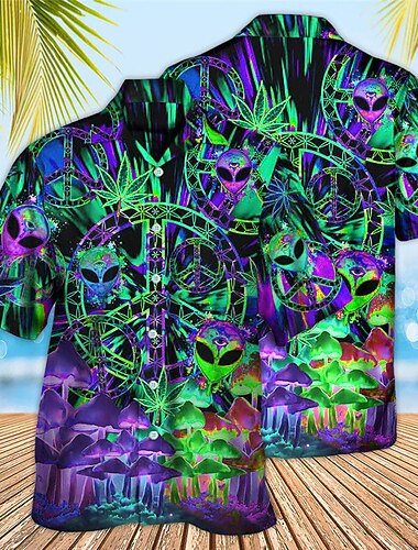  Herre Fargerik Sopp Romvesen Skjorte Hawaii skjorte Aloha skjorte Kortermet Skjorte Aftæpning Tropisk Mote Hawaiisk Avslappet Strand Hawaiisk Blå Rød Lilla S M L