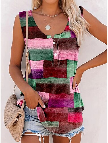  Damen Tank Top Geometrisch Basic Ärmellos U-Ausschnitt Normale Oberteile Casual Knopf Bedruckt Rote Blau Grün