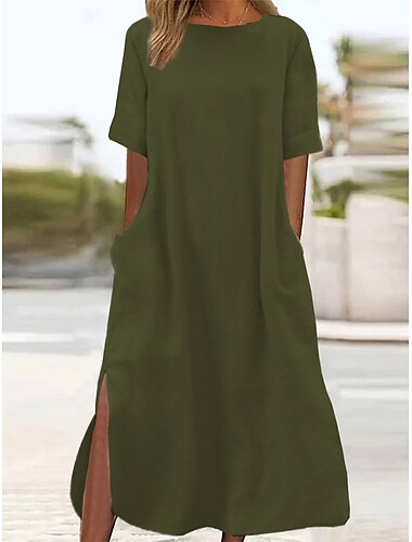  Damen Armeegrün Schwarz Wein Sommer Frühling Maxikleid Leinen-inspirierte Kleider Freizeitkleid Täglich Basic Lässig Heim Täglich Strand Lässiger Schnitt Einfach Rundhalsausschnitt