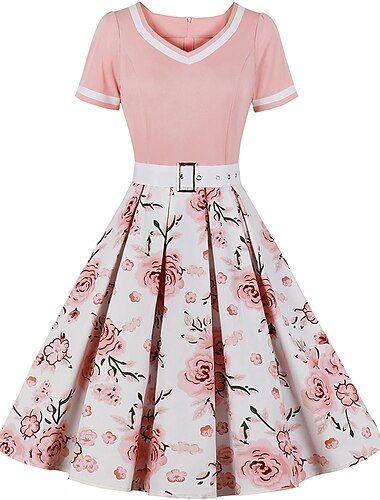  Retro 50. léta Polední A-Line šaty Rockabilly Houpací šaty Květinový A-Linie Do V Dámské Karneval Plesová maškaráda Párty večerní šaty Maturita Koktejlový večírek Dospělé Šaty Šaty pro návrat domů